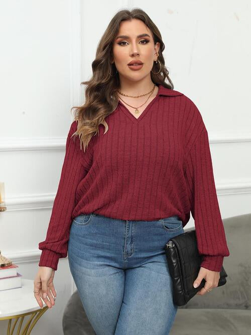 Ribbed Collared Neck Long Sleeve Blouse