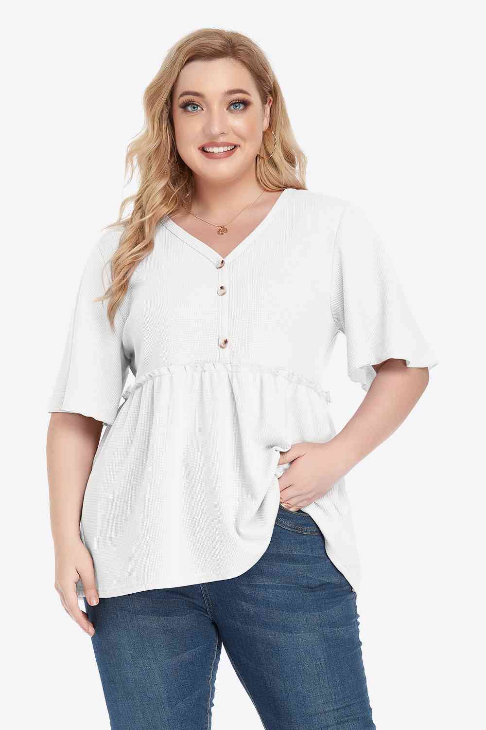 Buttoned V-Neck Frill Trim Babydoll Blouse