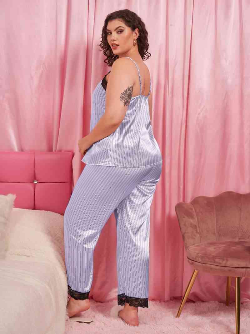 Vertical Stripe Lace Trim Cami and Pants Pajama Set