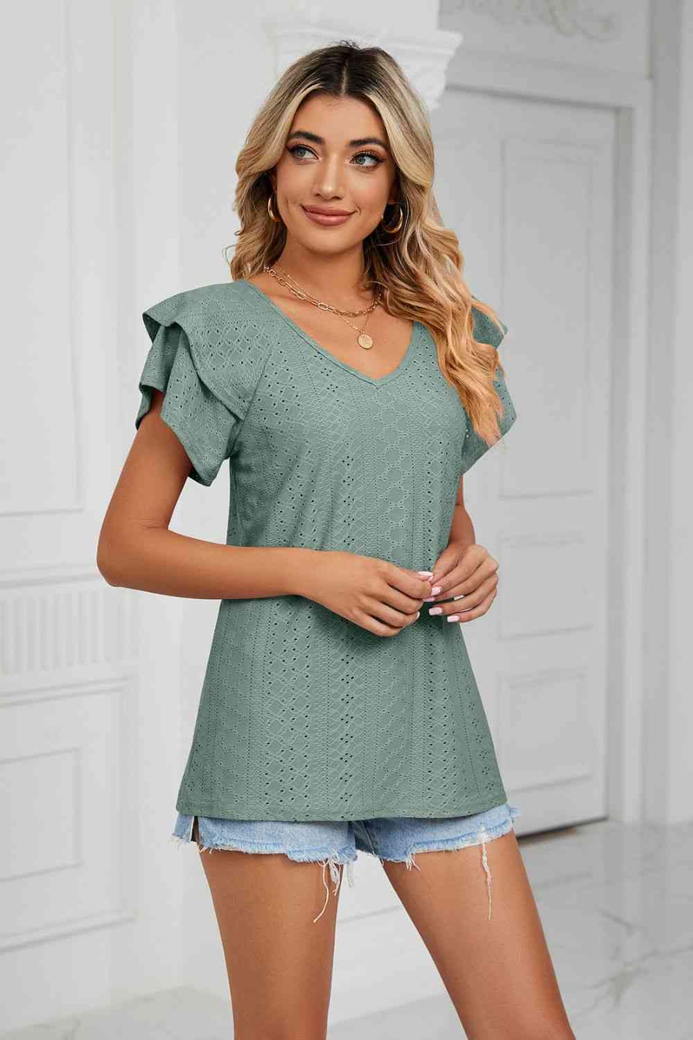 Eyelet Layered Flutter Sleeve V-Neck Knit Top