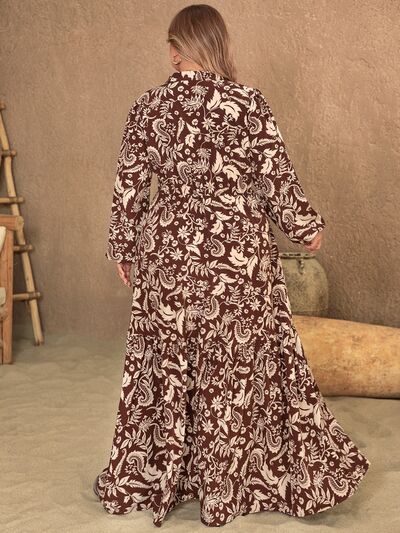 Notched Balloon Sleeve Printed Maxi Dress