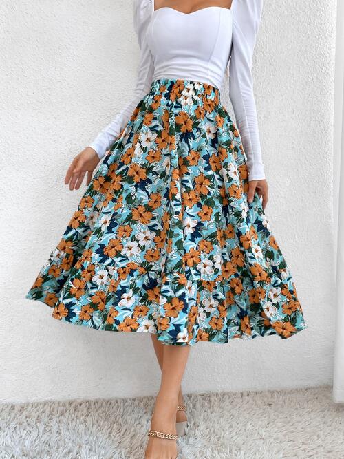 Printed Ruffle Hem Midi Skirt