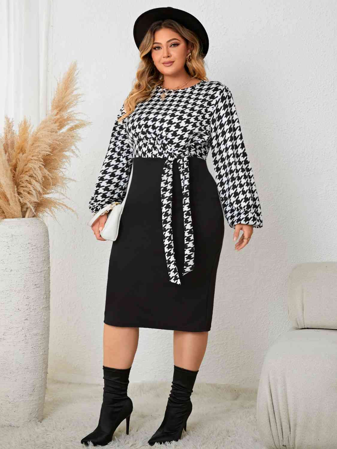 Houndstooth Tied Long Sleeve Dress