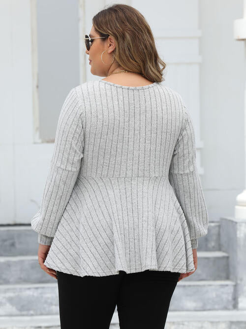 Ribbed V-Neck Long Sleeve Blouse