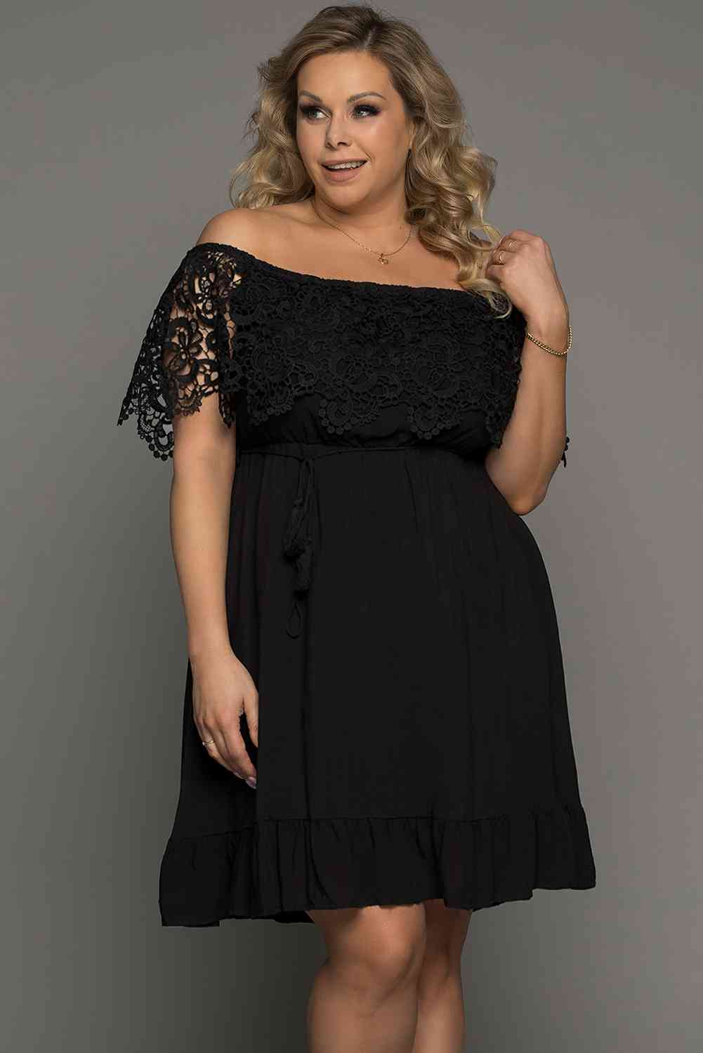 Tassel Tie Spliced Lace Off-Shoulder Dress