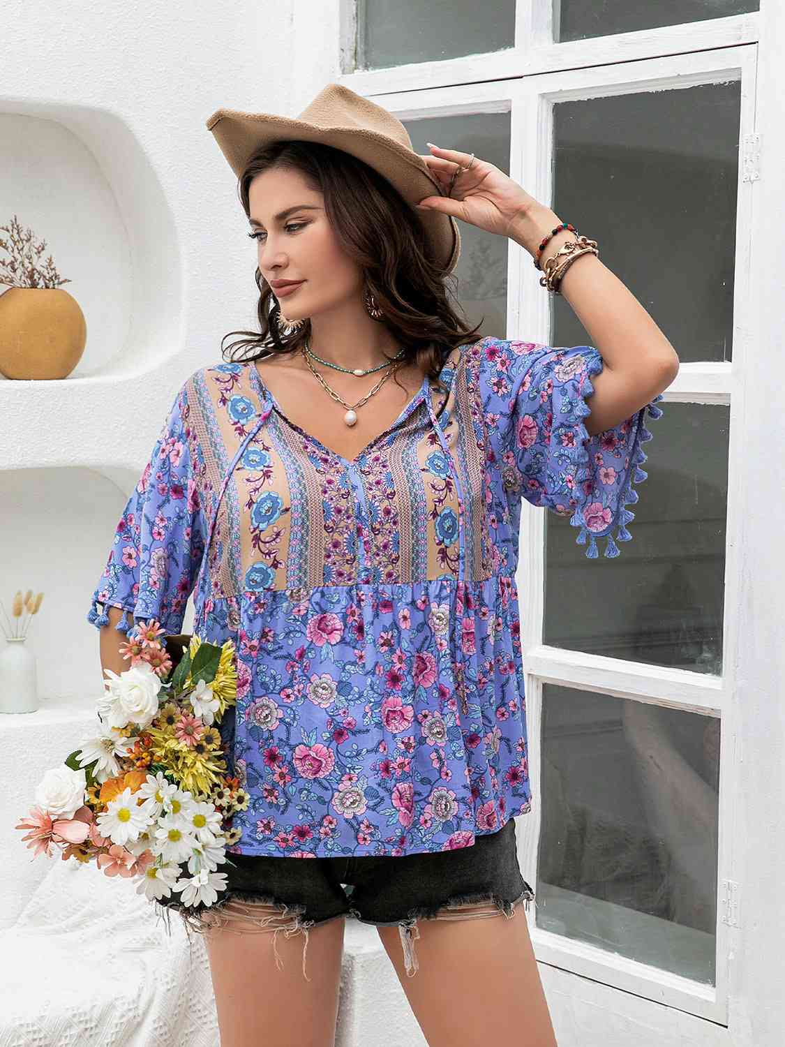 Printed V-Neck Half Sleeve Blouse