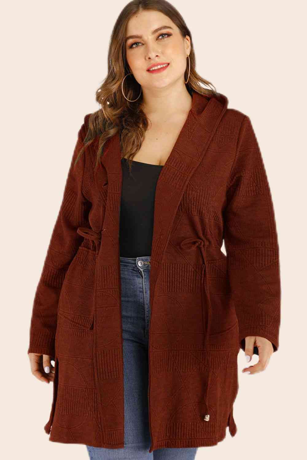 Drawstring Waist Hooded Cardigan with Pockets