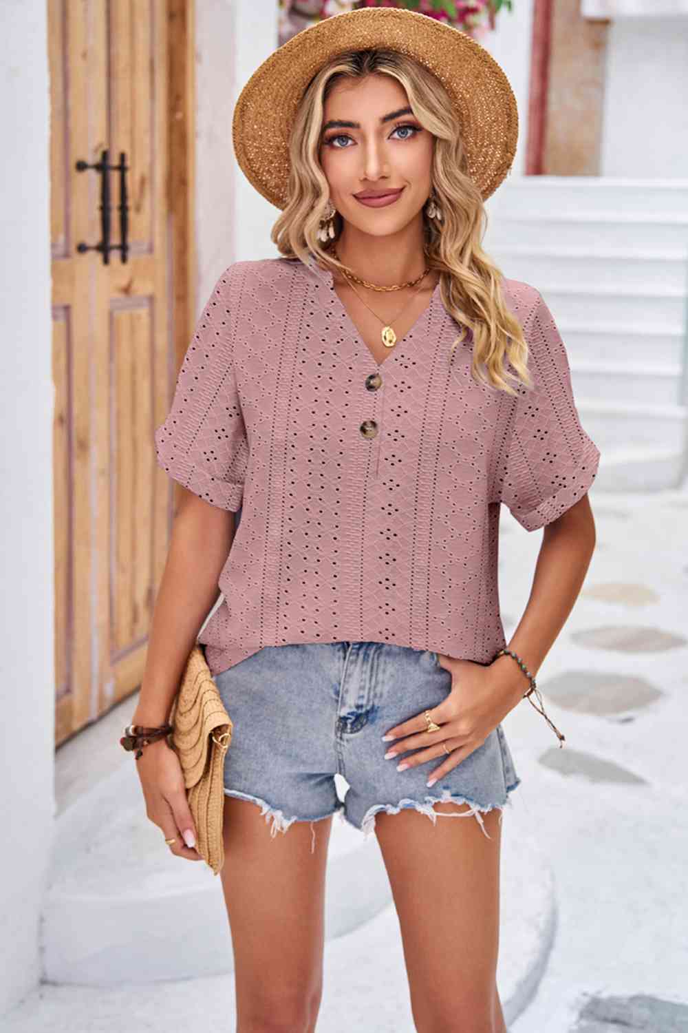 Buttoned Notched Neck Eyelet Top