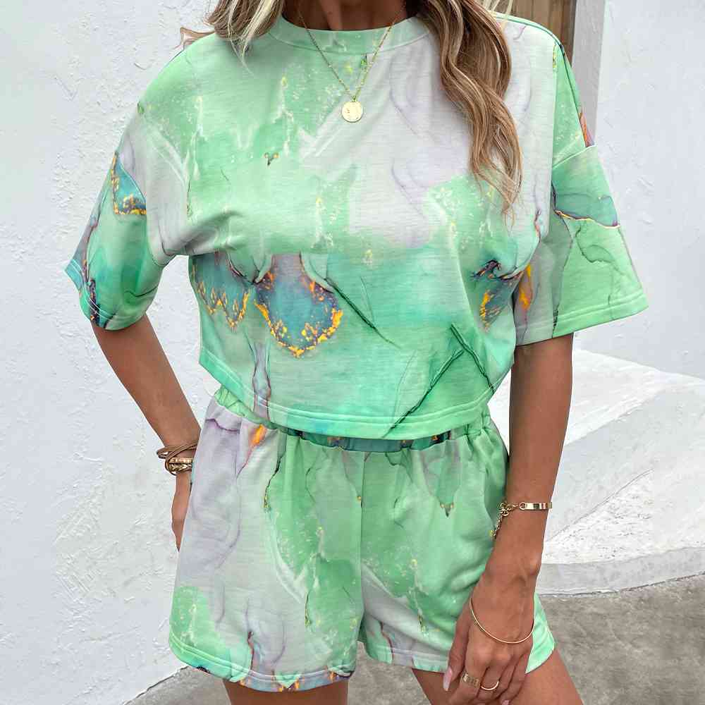 Printed Round Neck Dropped Shoulder Half Sleeve Top and Shorts Set