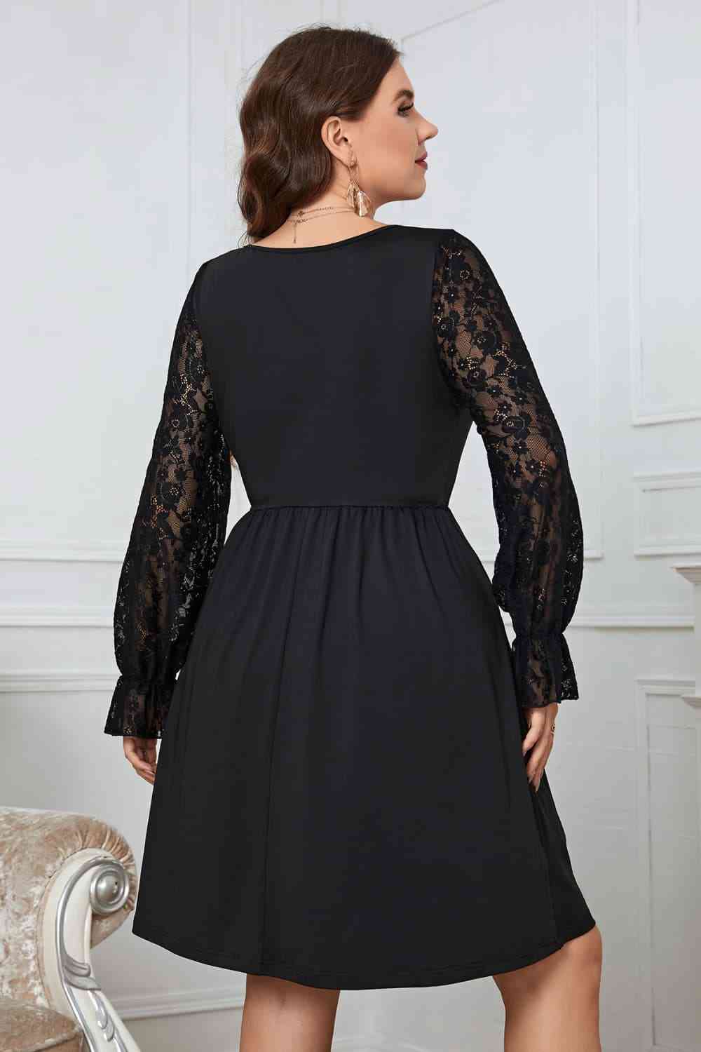 Melo Apparel Lace Trim Round Neck Flounce Sleeve Dress