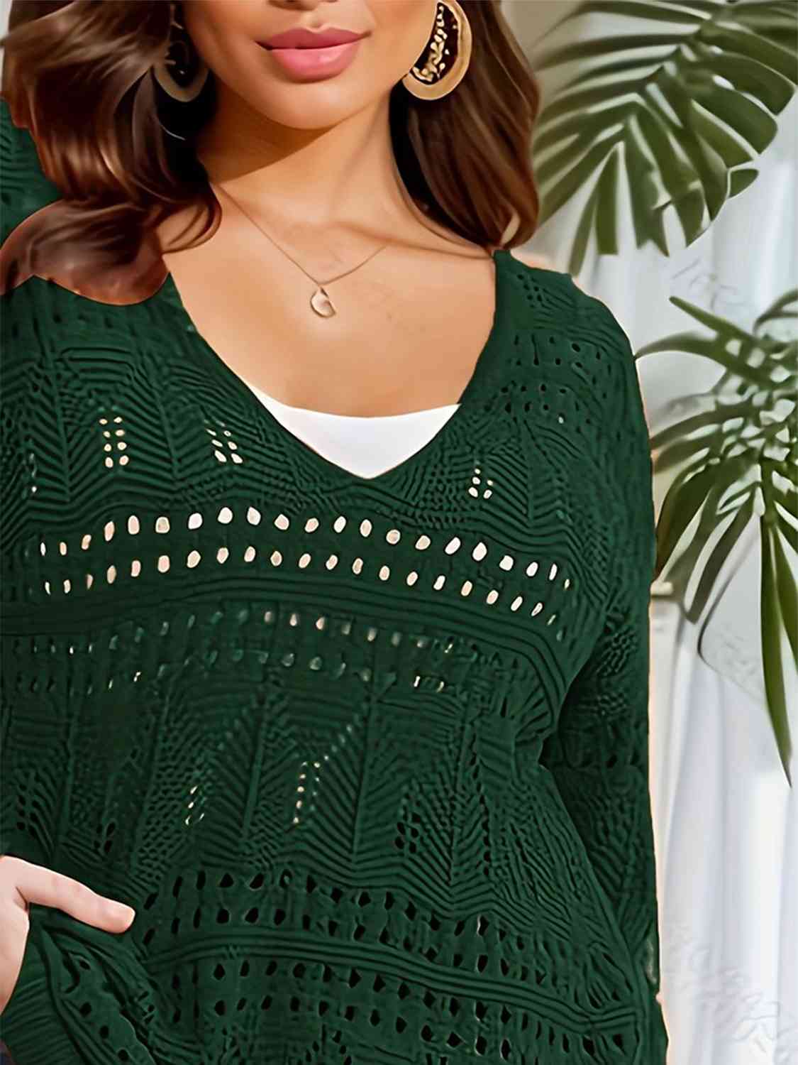 Openwork Plunge Long Sleeve Sweater