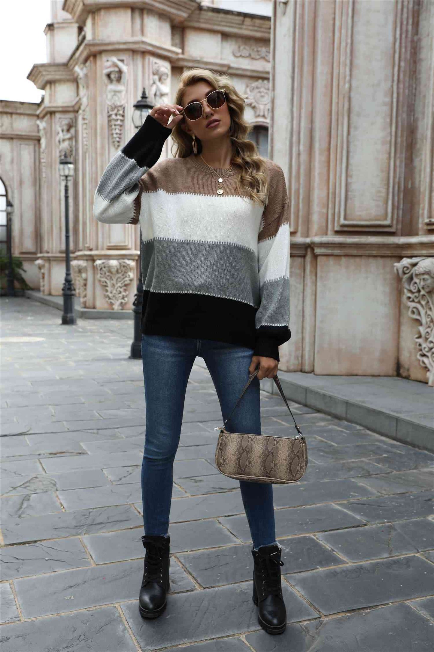 Color Block Round Neck Sweater