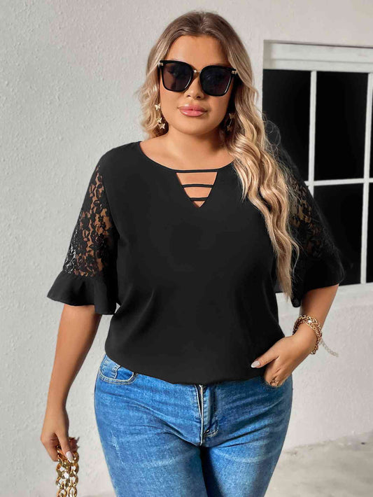 Cutout Round Neck Spliced Lace Flounce Sleeve Blouse