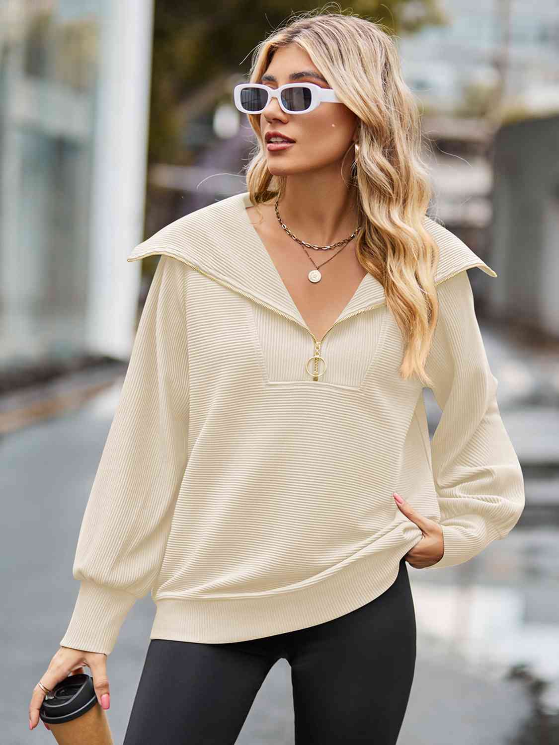 Half Zip Collared Neck Long Sleeve Sweatshirt