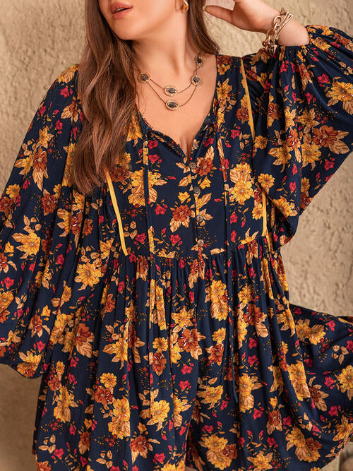 Floral Tie Neck Balloon Sleeve Romper