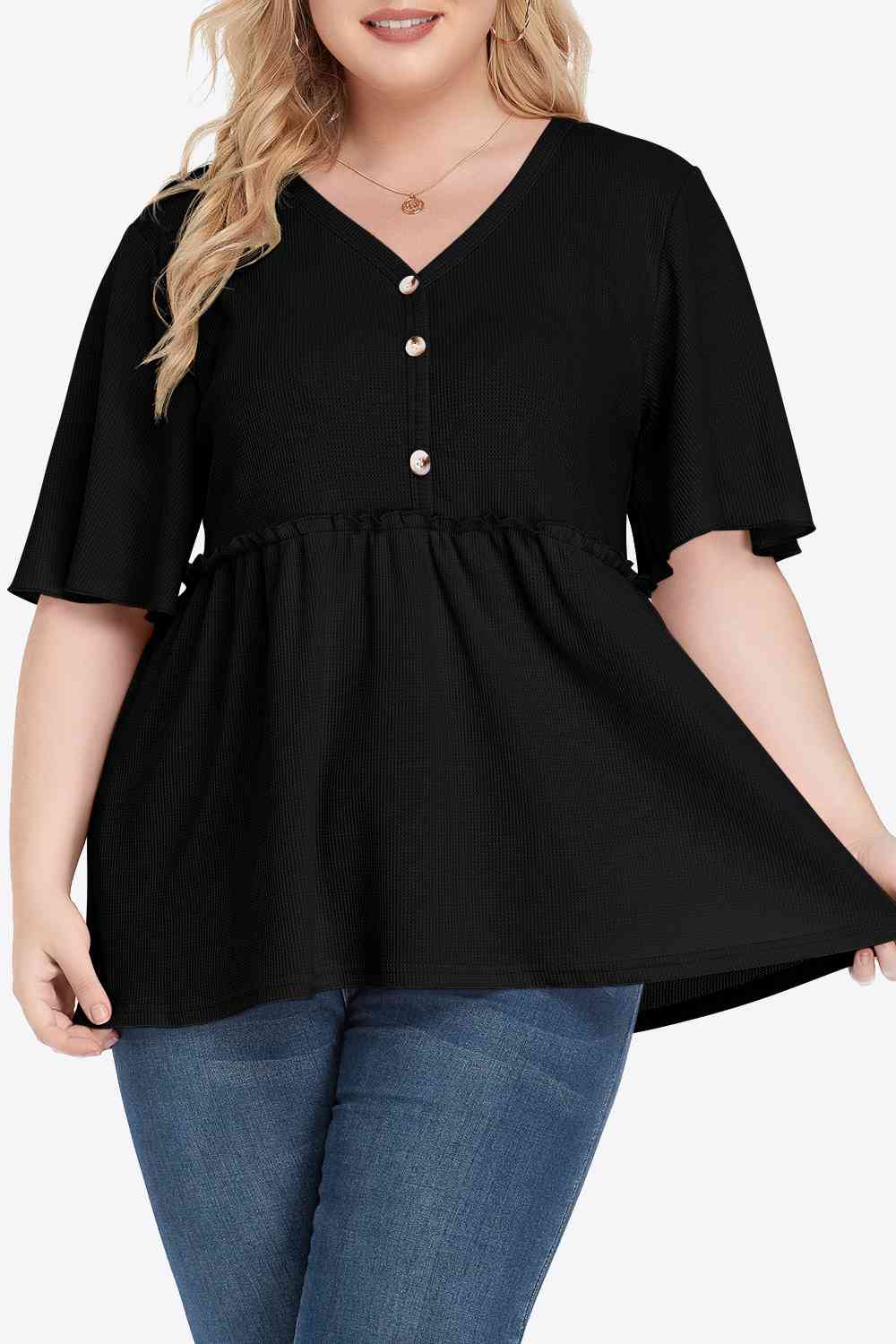 Buttoned V-Neck Frill Trim Babydoll Blouse