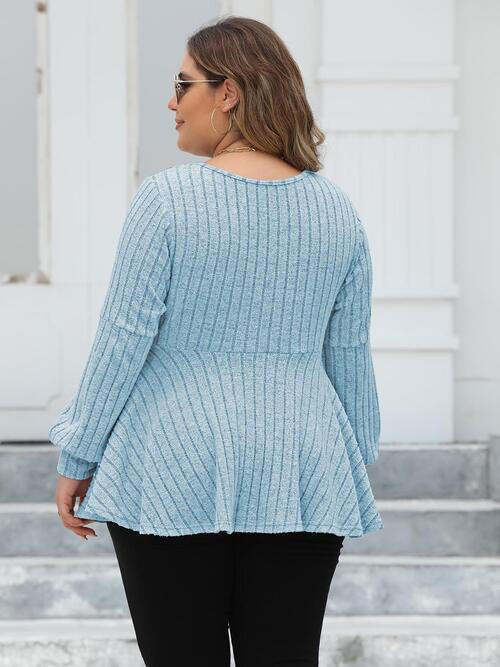 Ribbed V-Neck Long Sleeve Blouse