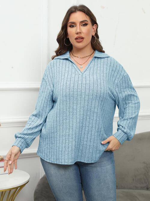 Ribbed Collared Neck Long Sleeve Blouse