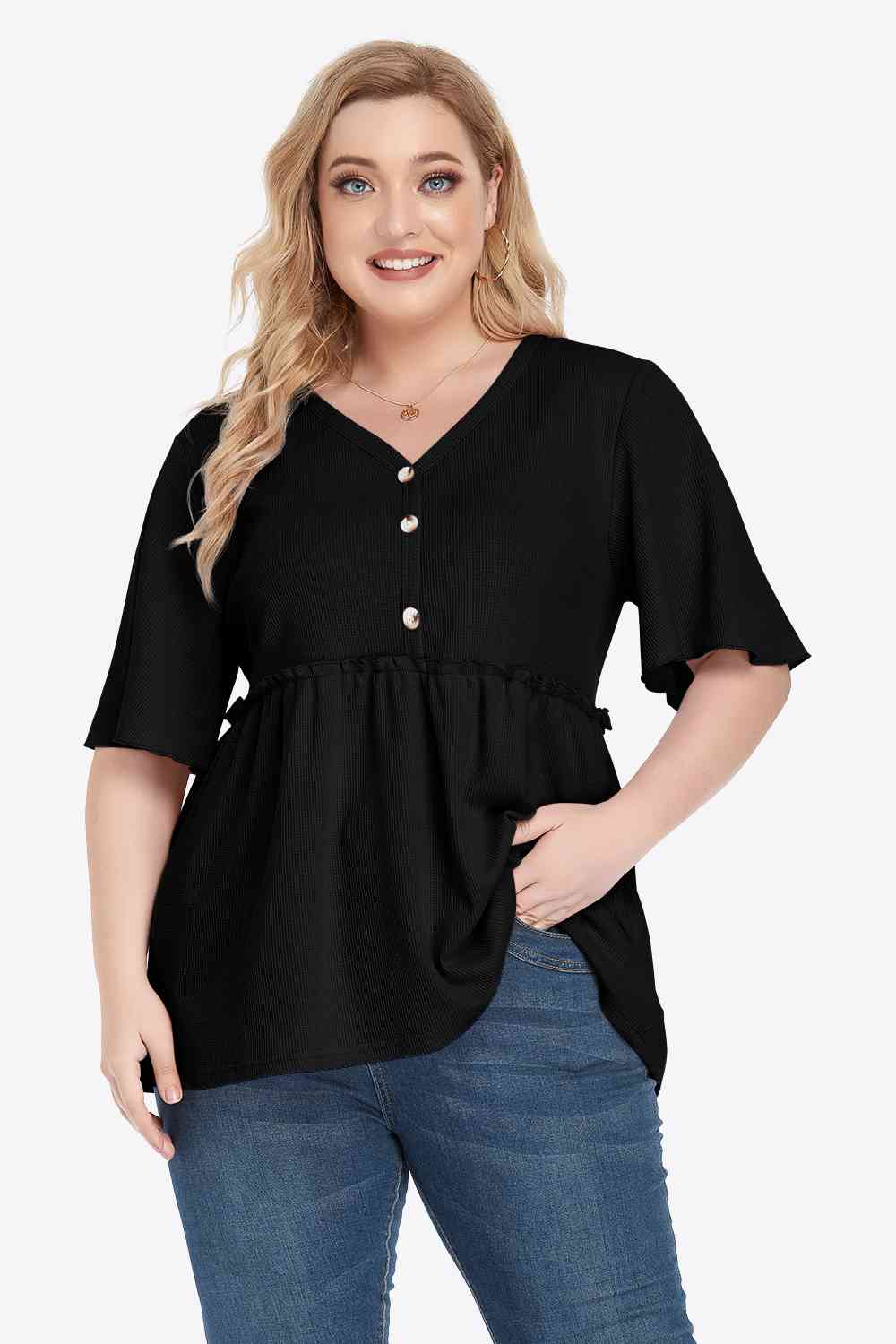 Buttoned V-Neck Frill Trim Babydoll Blouse