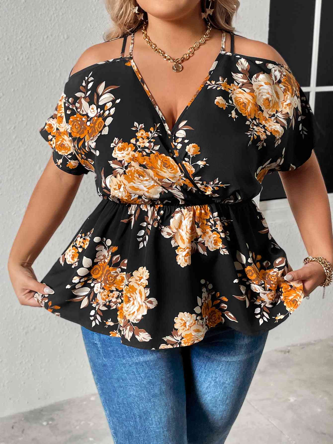 Floral Print Cold Shoulder Surplice Neck Blouse