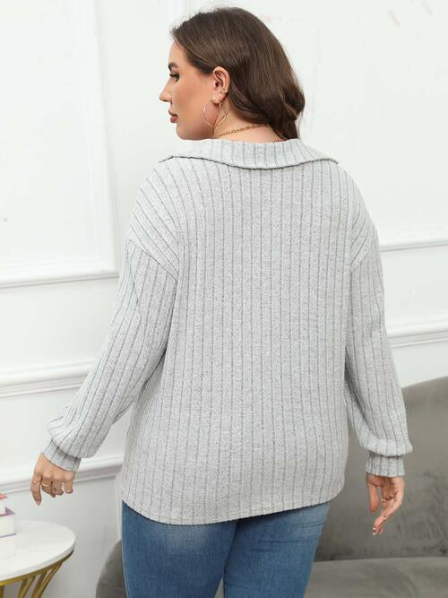 Ribbed Collared Neck Long Sleeve Blouse