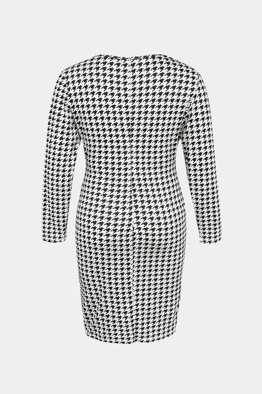 Houndstooth Surplice Neck Long Sleeve Pencil Dress