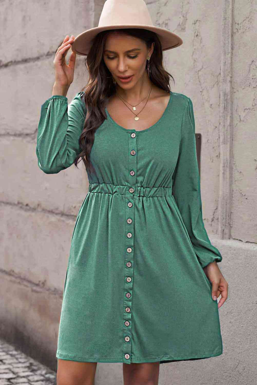 Button Front Elastic Waist Long Sleeve Dress