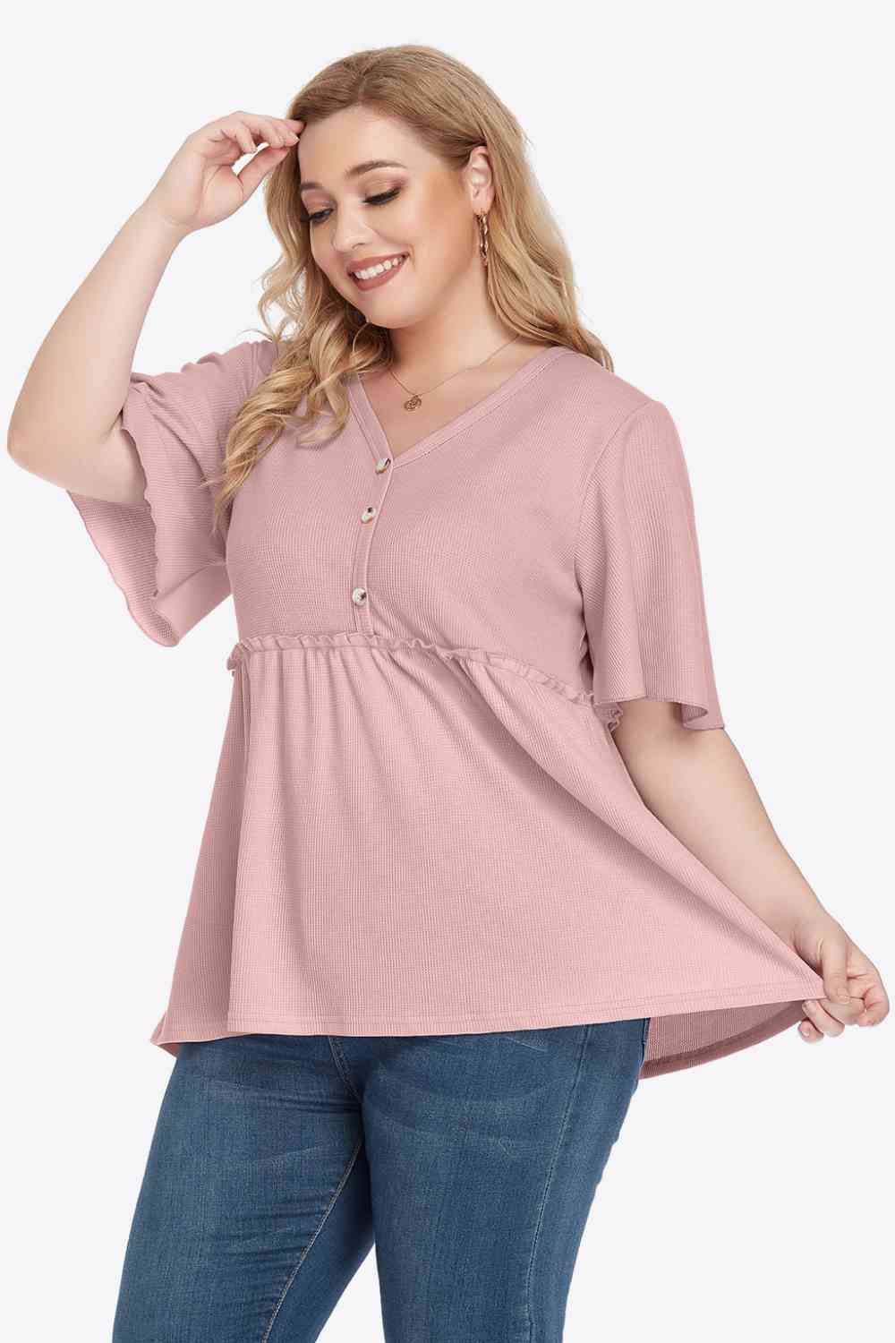 Buttoned V-Neck Frill Trim Babydoll Blouse