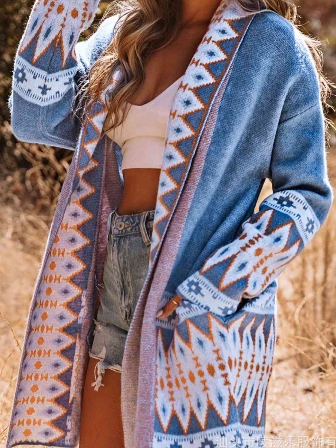 Geometric  Open Front Cardigan with Pockets