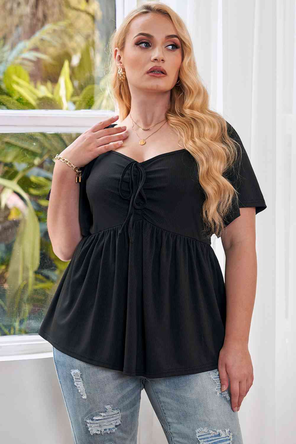 Drawstring Sweetheart Neck Babydoll Blouse