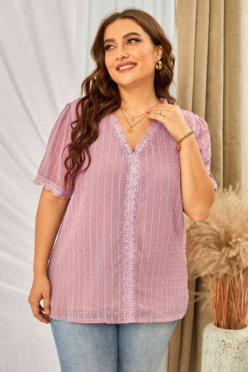 Swiss Dot Spliced Lace V-Neck Blouse