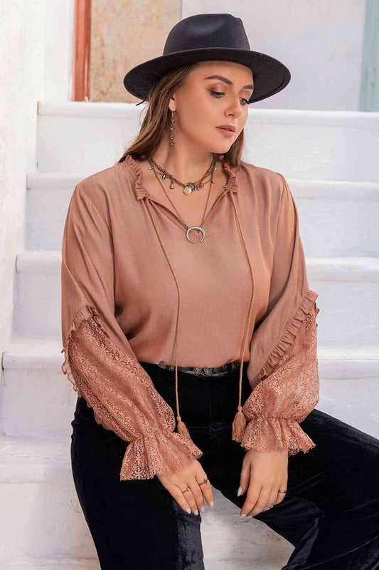 Tie Neck Flounce Sleeve Blouse