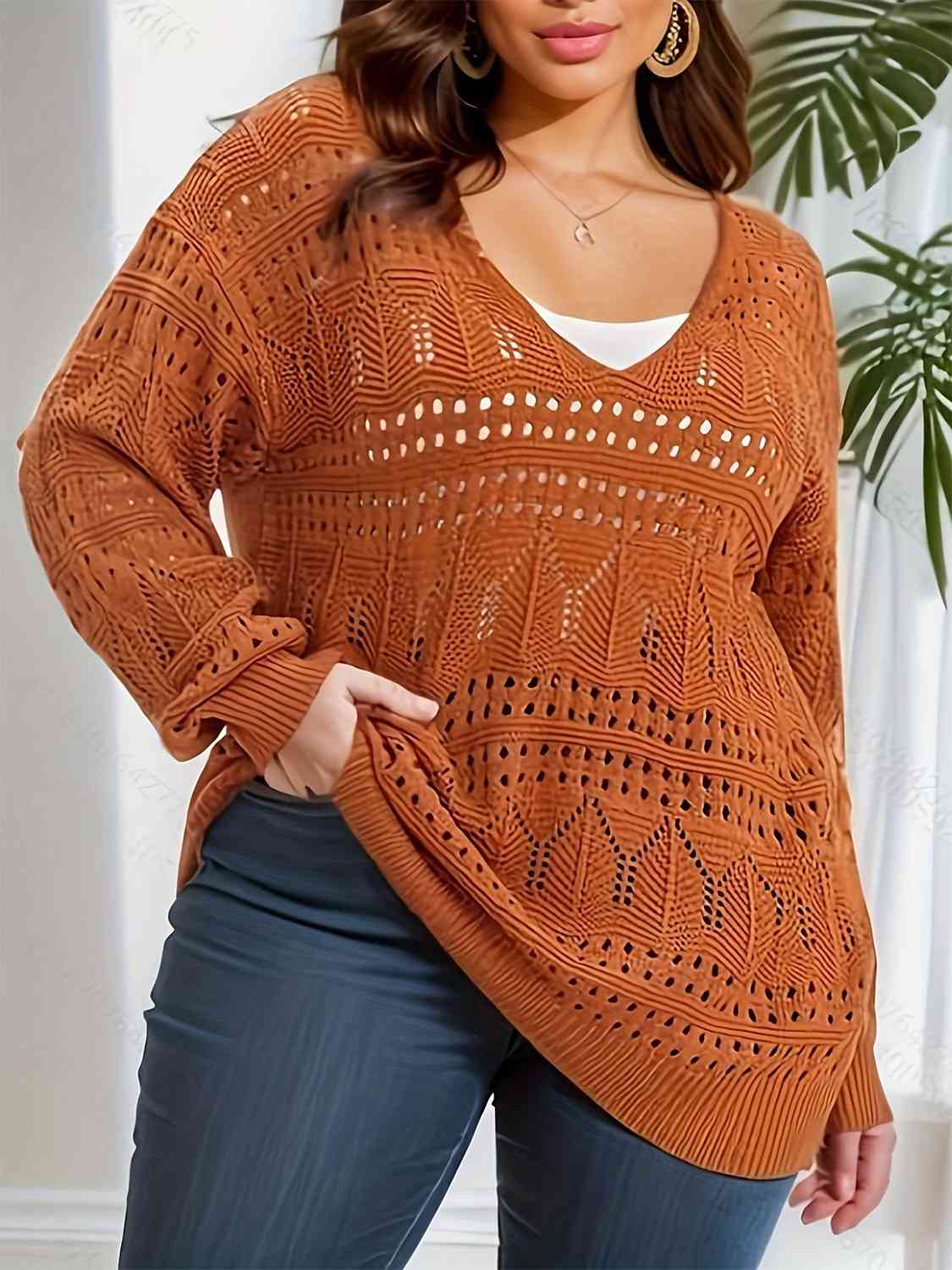 Openwork Plunge Long Sleeve Sweater