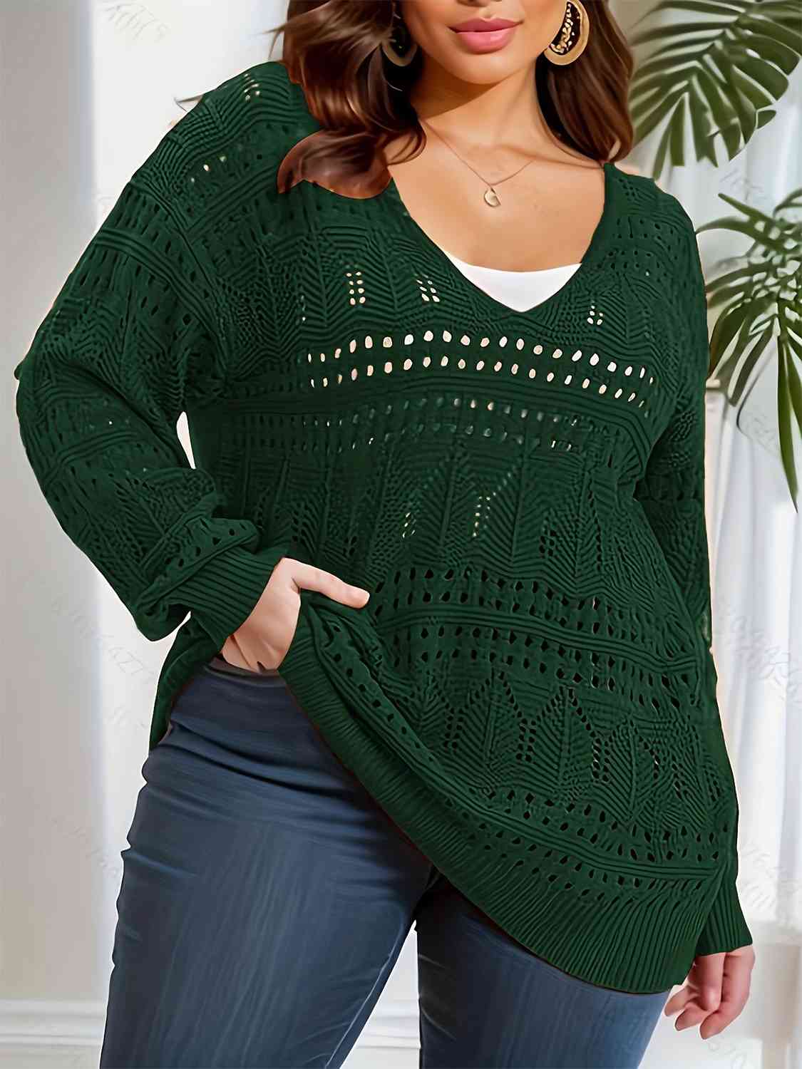 Openwork Plunge Long Sleeve Sweater