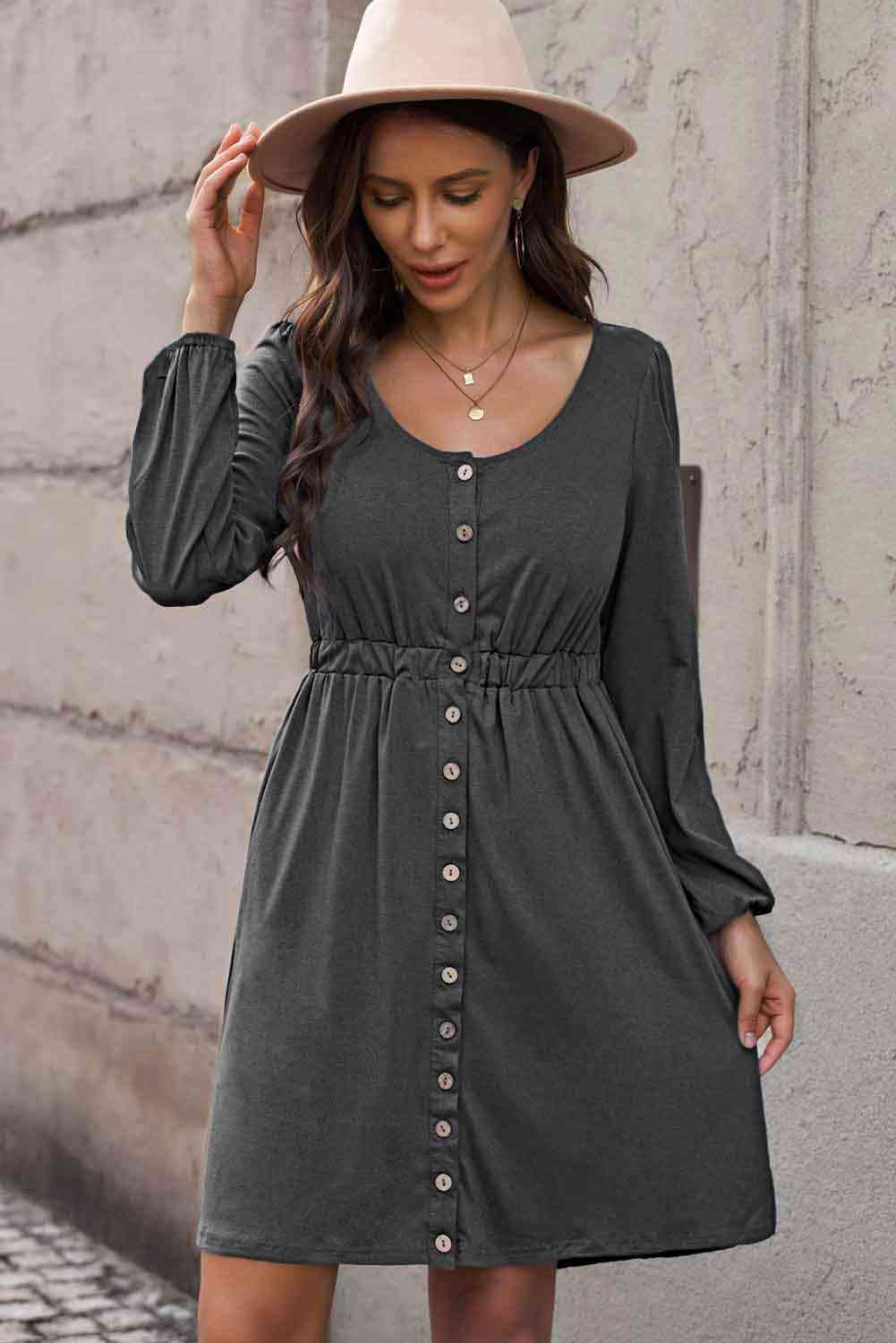 Button Front Elastic Waist Long Sleeve Dress
