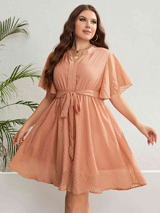 Tie Waist Notched Neck Flutter Sleeve Dress