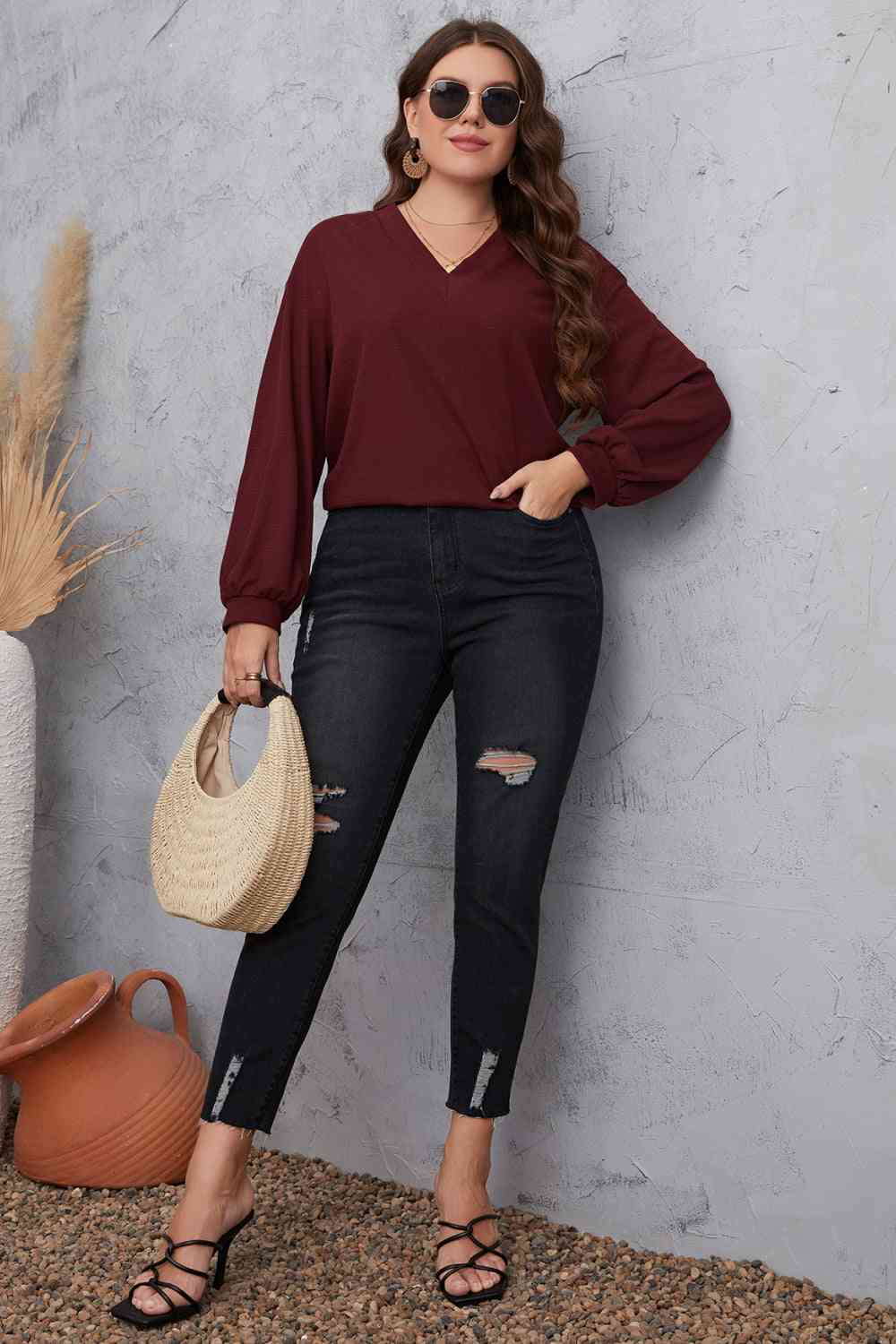 Melo Apparel V-Neck Dropped Shoulder Blouse