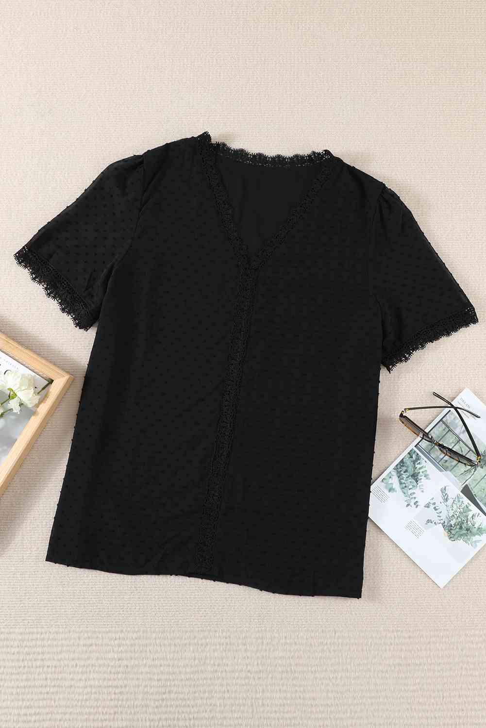 Swiss Dot Spliced Lace V-Neck Blouse