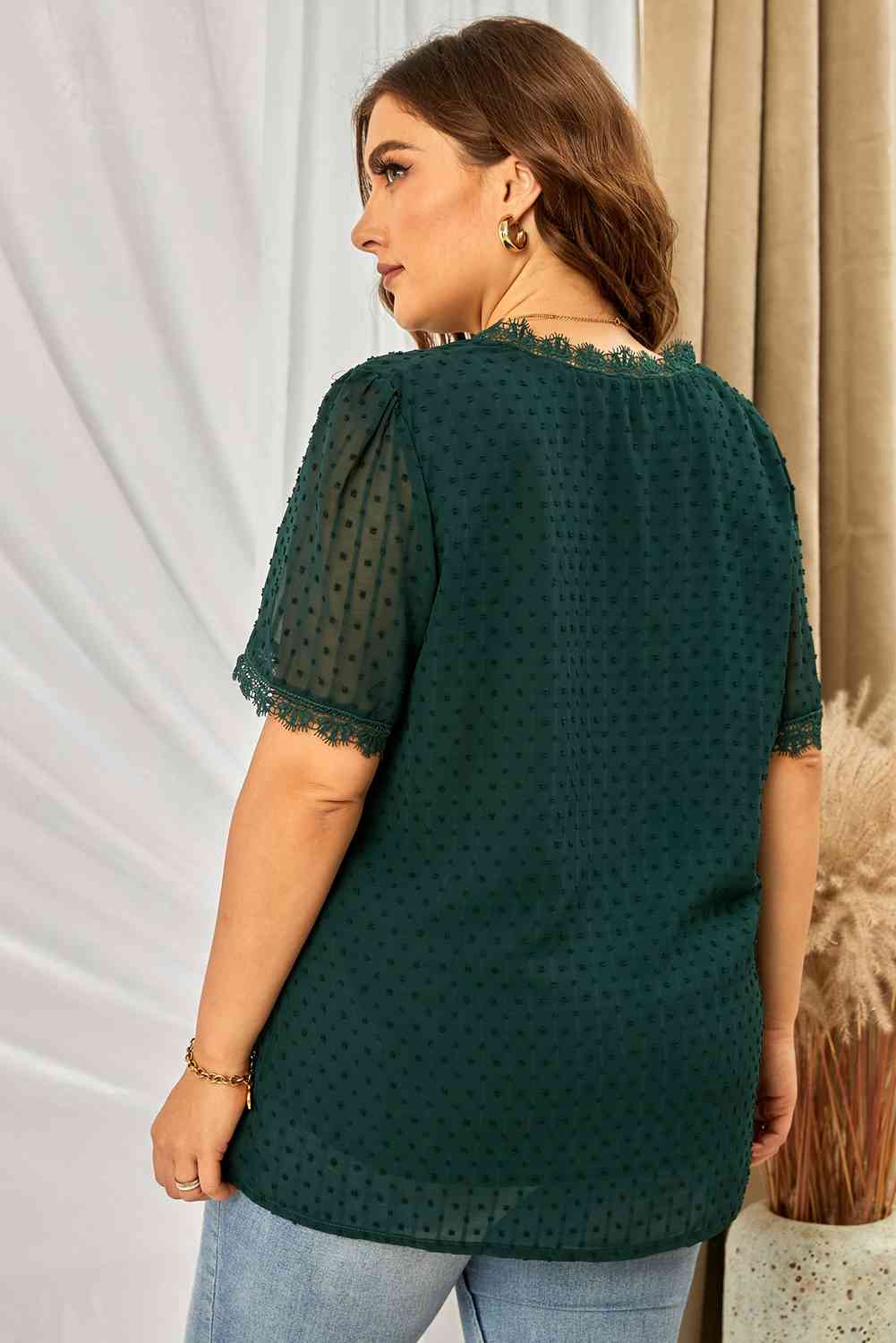 Swiss Dot Spliced Lace V-Neck Blouse