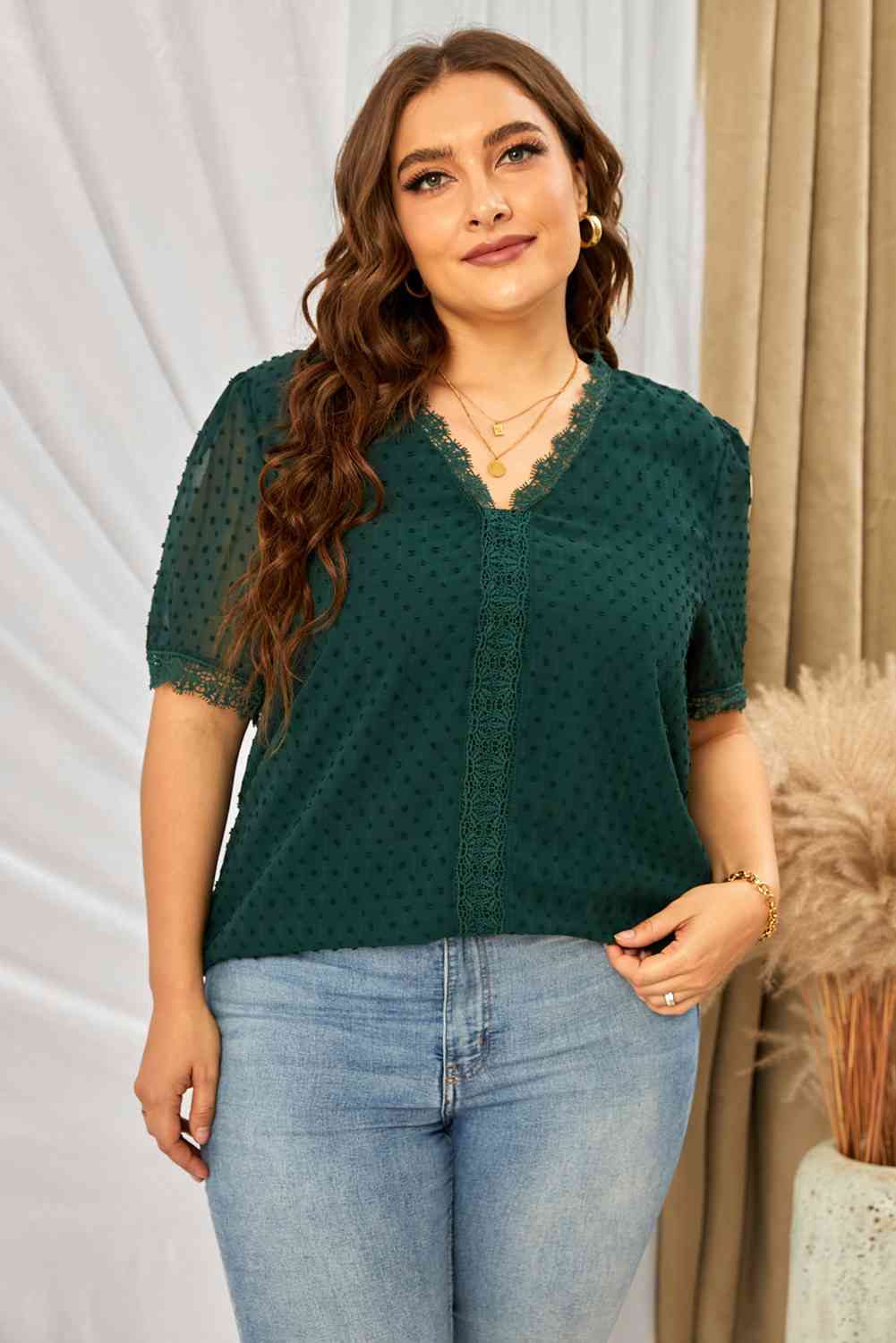 Swiss Dot Spliced Lace V-Neck Blouse