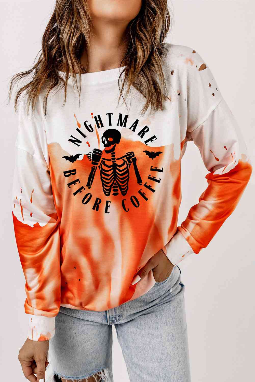 Round Neck Dropped Shoulder NIGHTMARE BEFORE COFFEE Graphic Sweatshirt