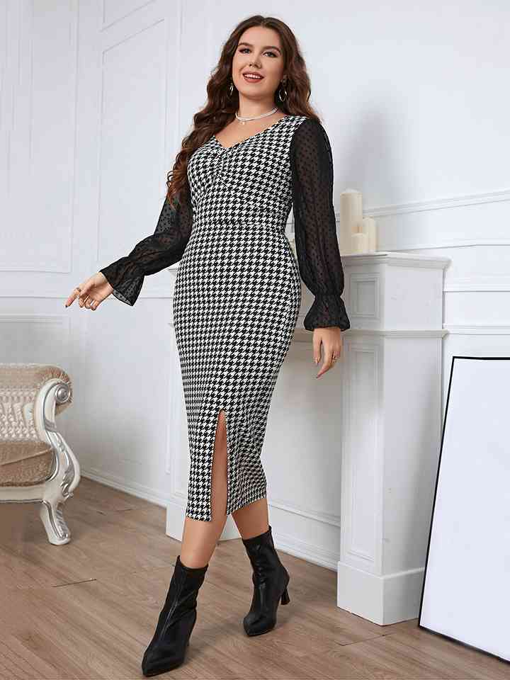 Houndstooth Flounce Sleeve Slit Dress