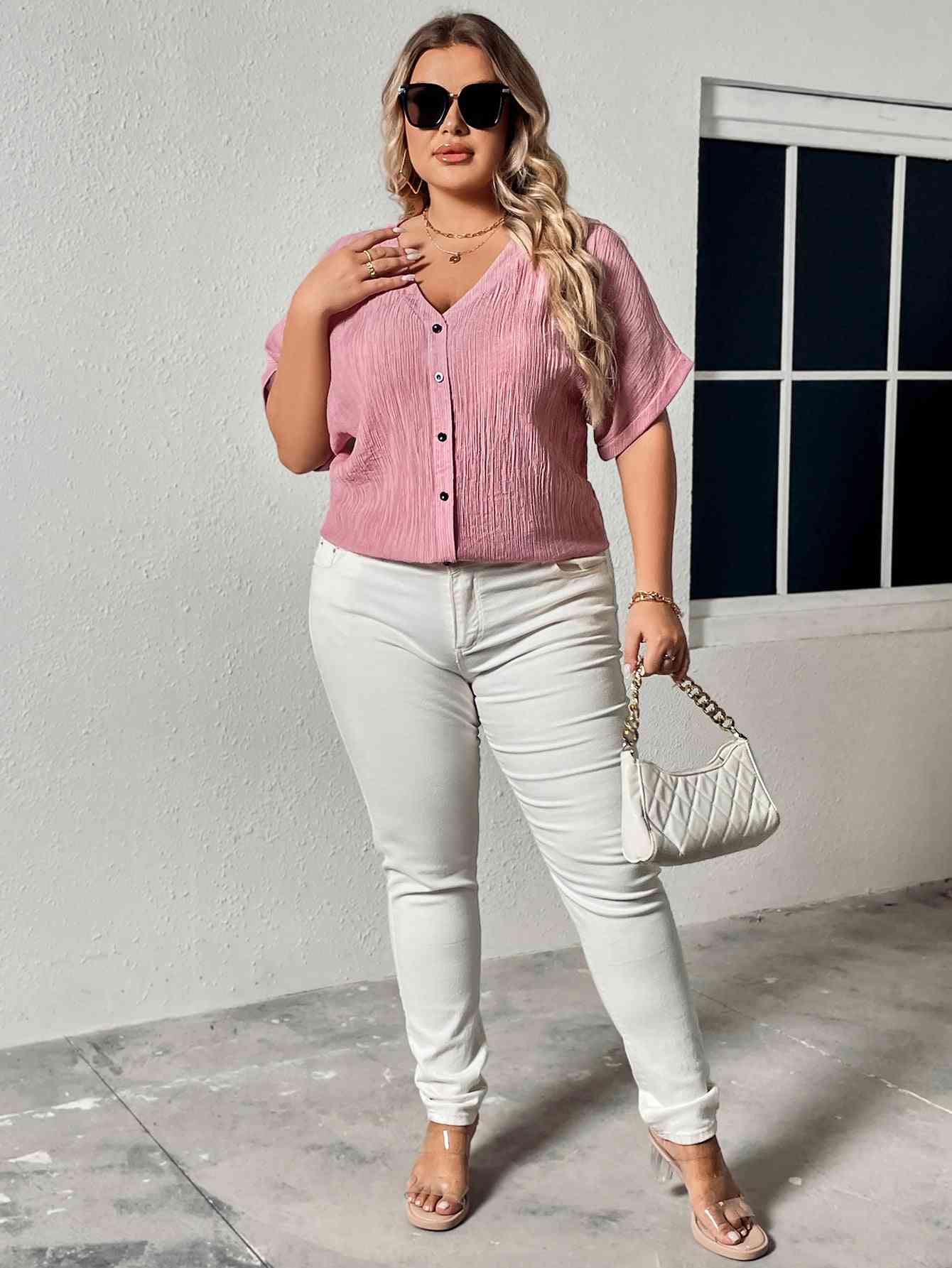 Buttoned V-Neck Short Sleeve Blouse