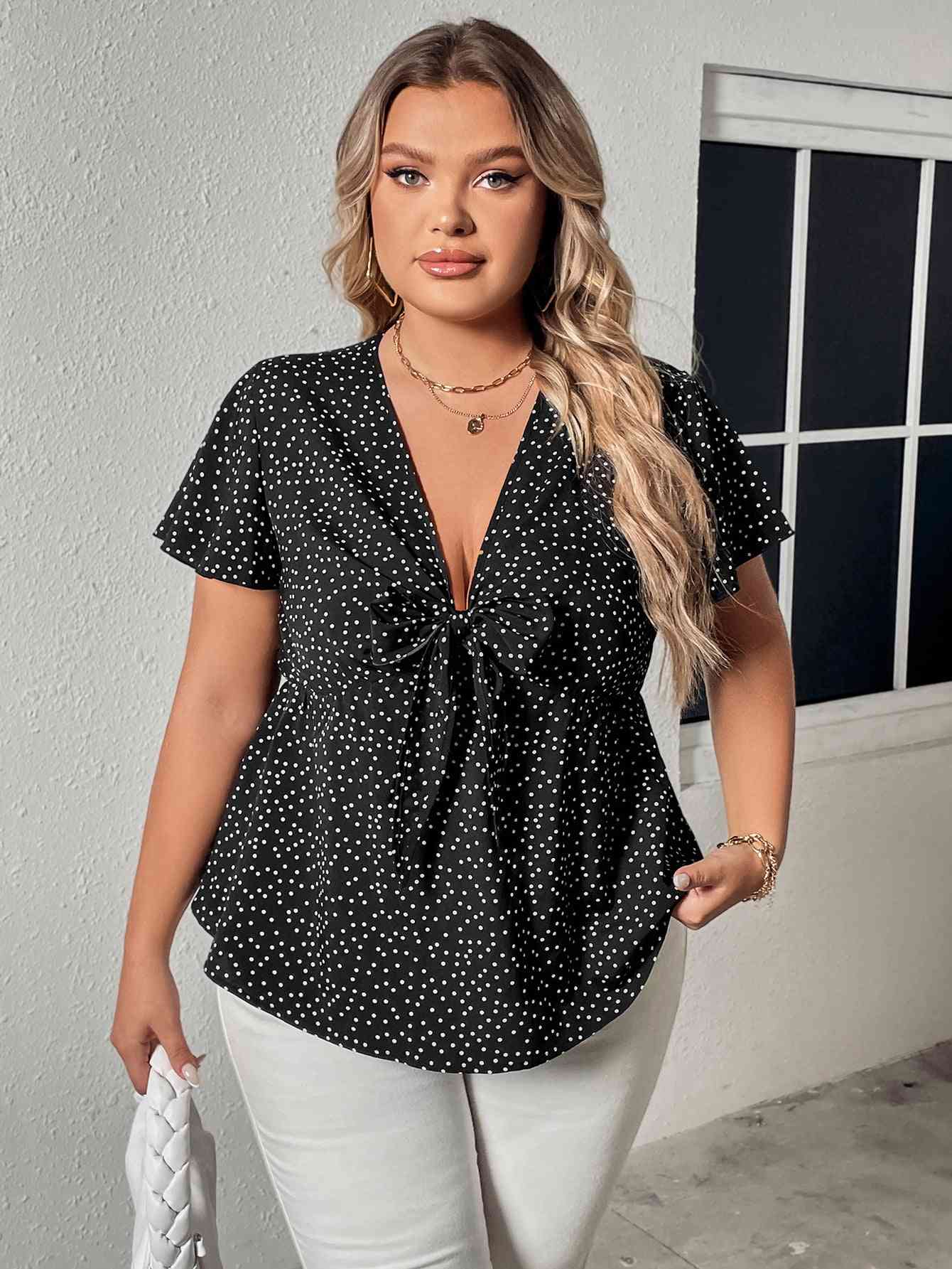 V-Neck Front Bow Flutter Sleeve Blouse