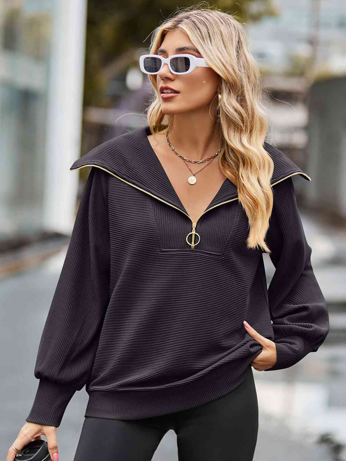 Half Zip Collared Neck Long Sleeve Sweatshirt