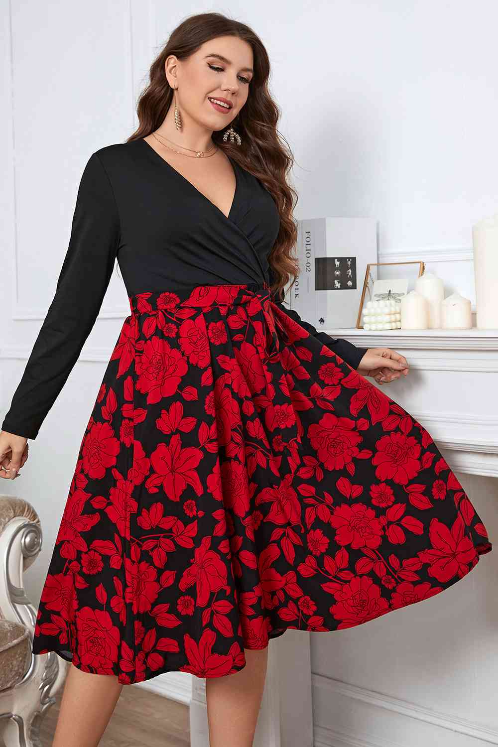 Floral Surplice Neck Long Sleeve Dress