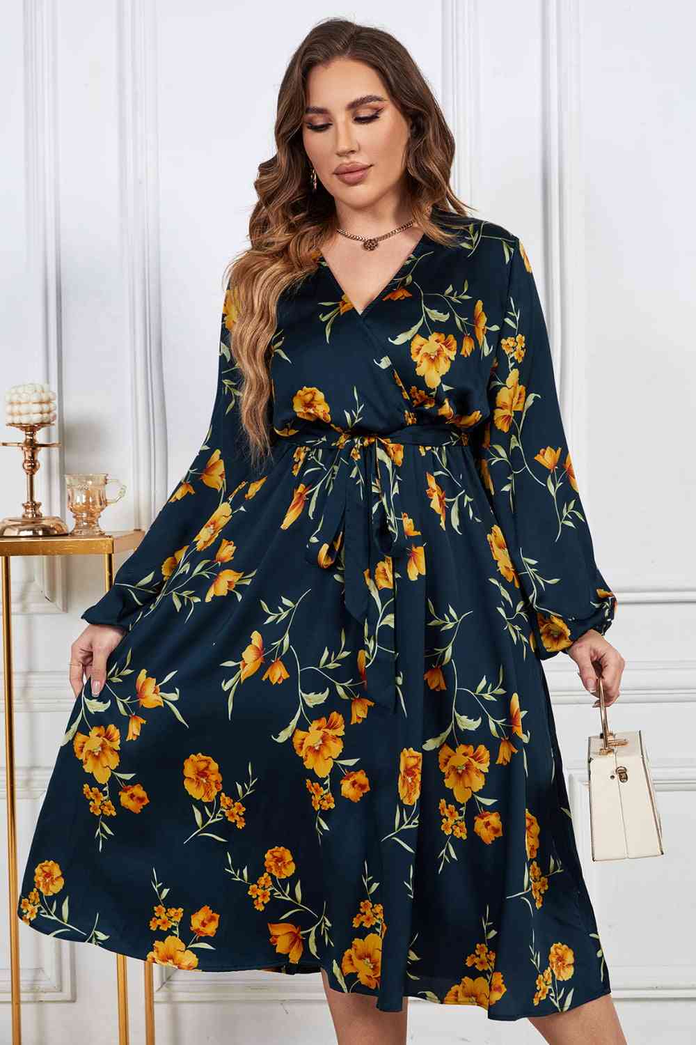 Melo Apparel Floral Print Surplice Neck Midi Dress