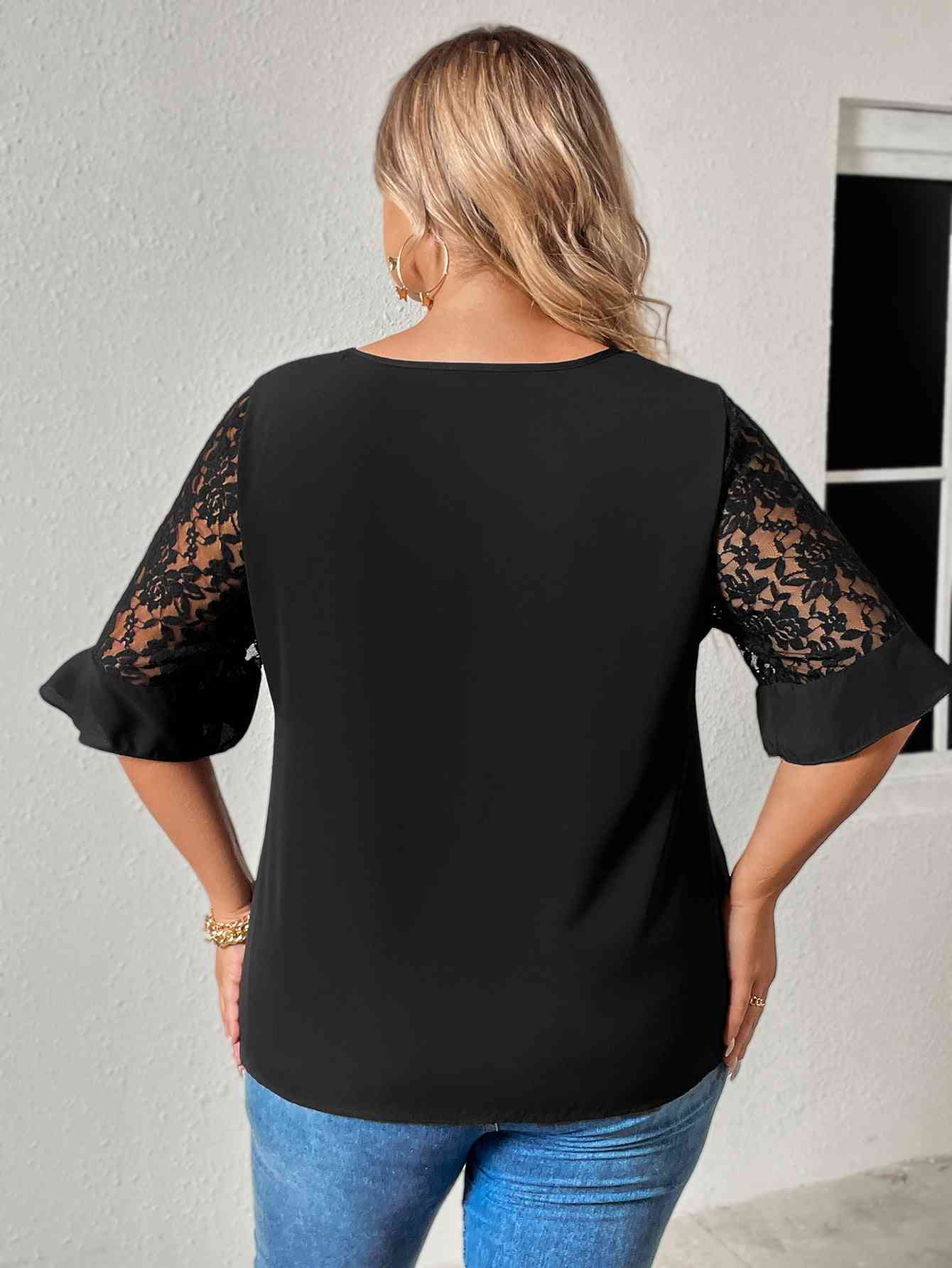 Cutout Round Neck Spliced Lace Flounce Sleeve Blouse