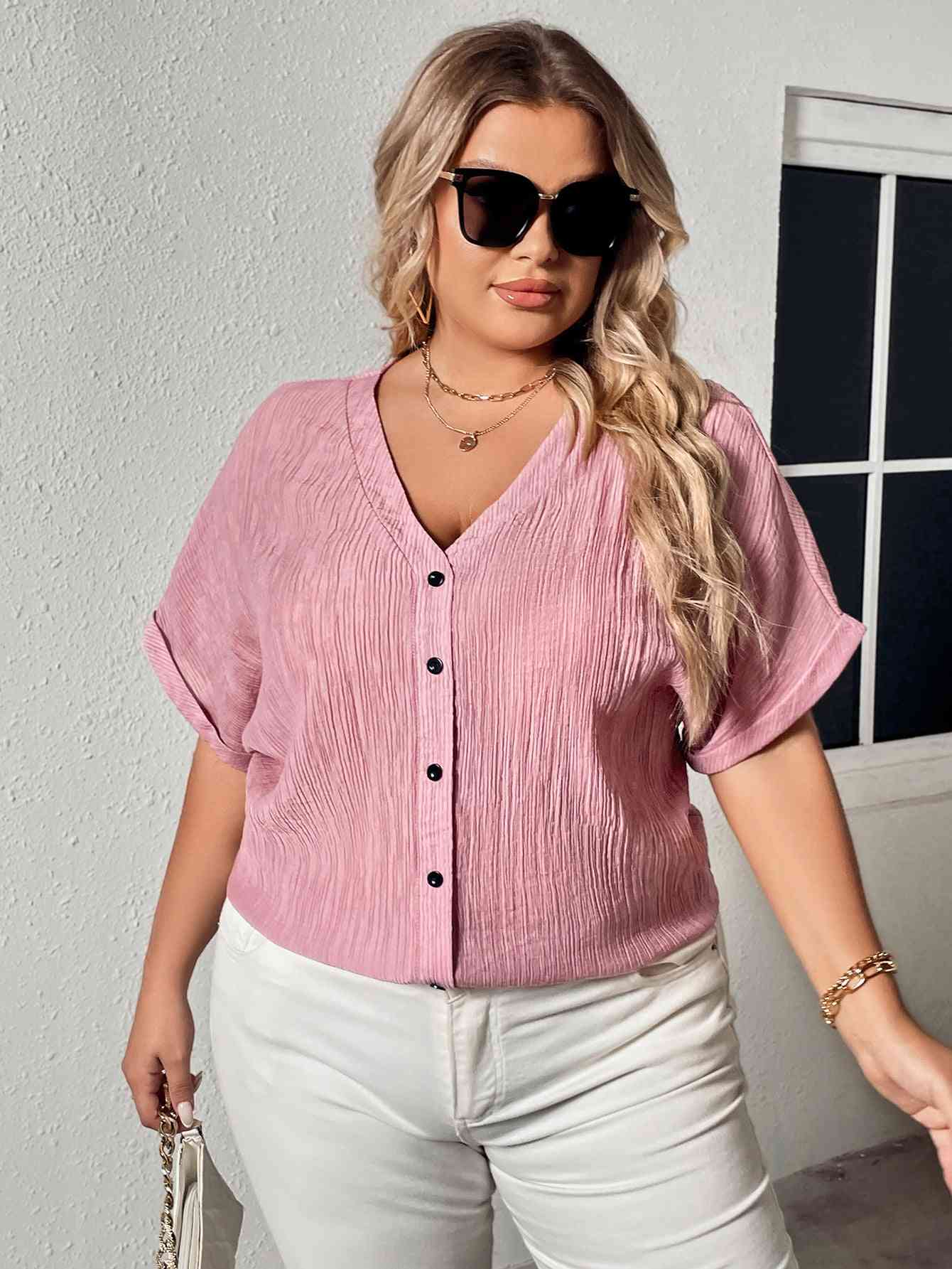 Buttoned V-Neck Short Sleeve Blouse