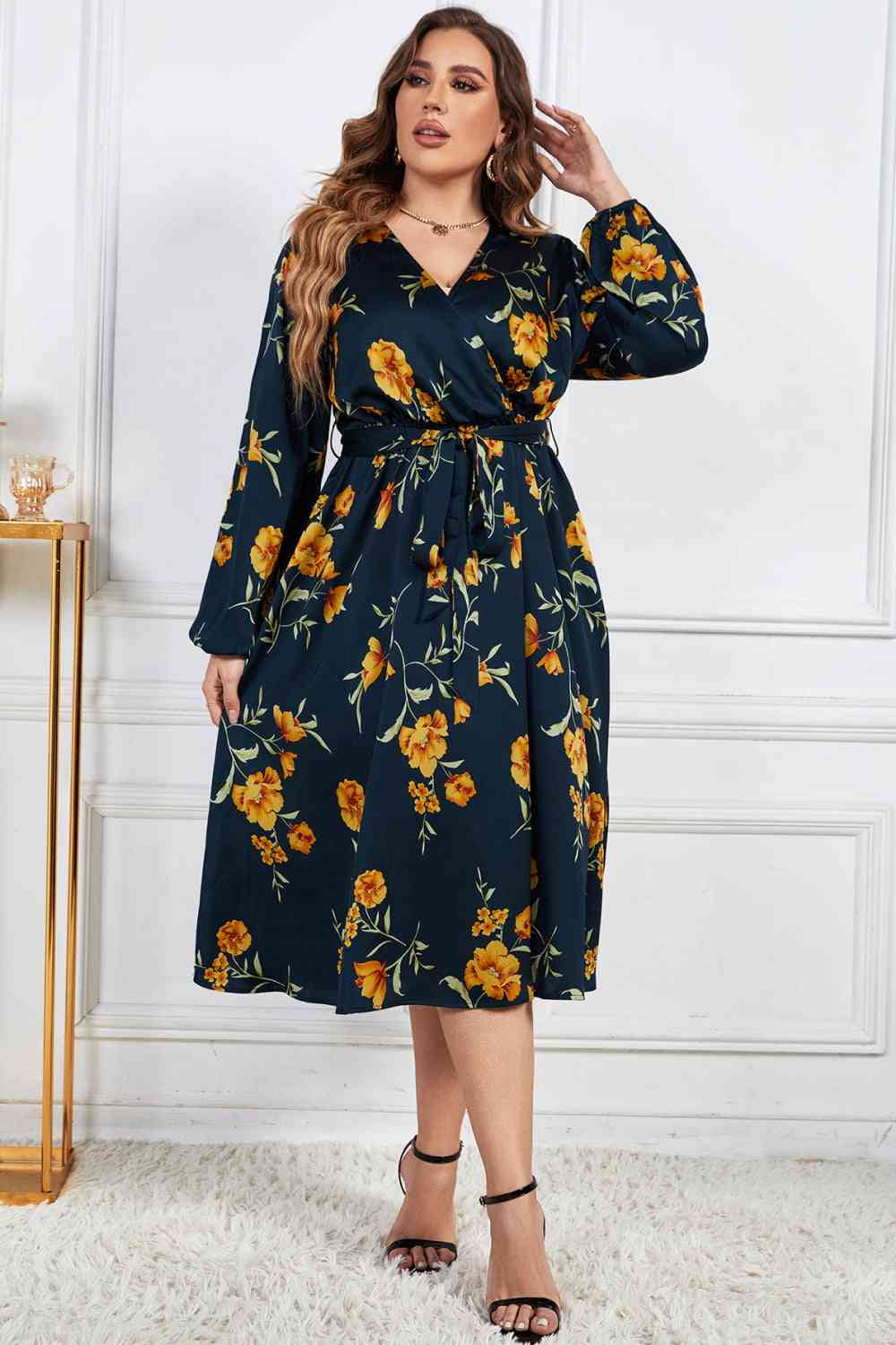 Melo Apparel Floral Print Surplice Neck Midi Dress